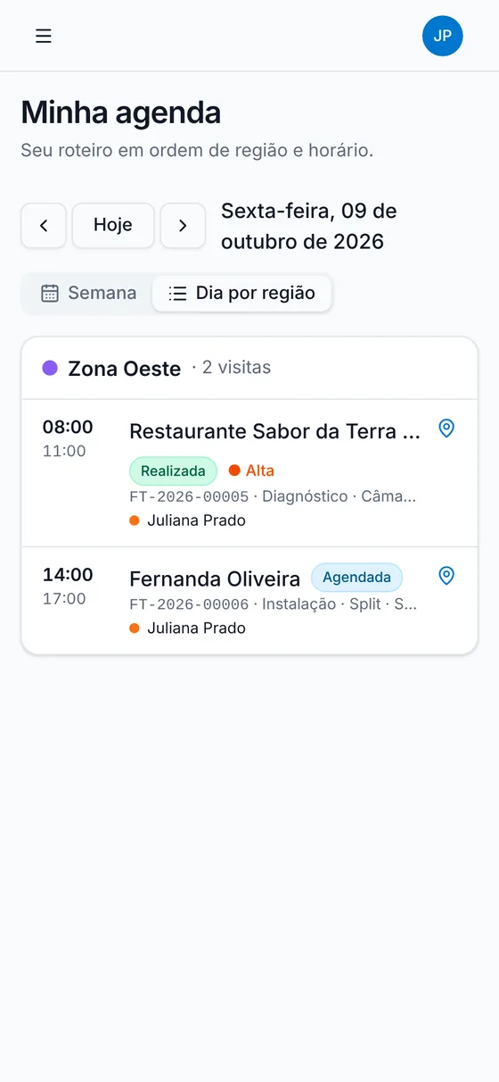 Agenda do dia no celular do técnico